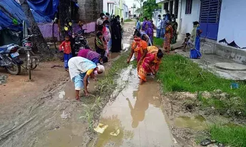 சாலையில்  நாற்று நட்டு பெண்கள் நுாதன போராட்டம்
