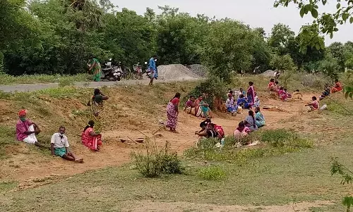 உத்திரமேரூரில் பணி நேரத்தில் ஓய்வெடுக்கும் நூறுநாள் பணியாளர்கள்