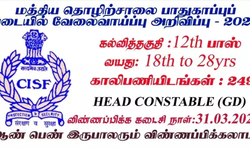 மத்திய தொழிற்சாலை பாதுகாப்புப் படையில் Head Constable  பணிகள்: காலியிடங்கள் 249