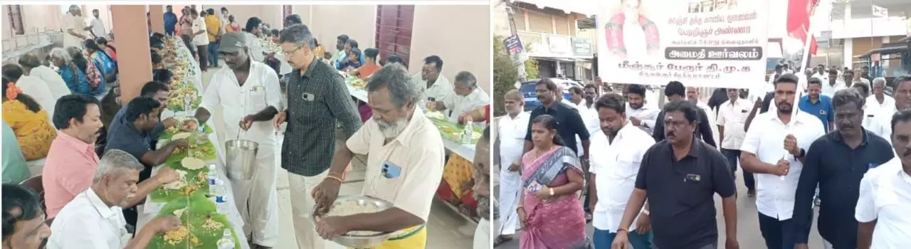 முன்னாள் முதல்வர் அண்ணா நினைவுநாள்; மீஞ்சூரில் திமுகவினர் அமைதி பேரணி முன்னாள் முதல்வர் அண்ணா நினைவுநாள்; மீஞ்சூரில் திமுகவினர் அமைதி பேரணி