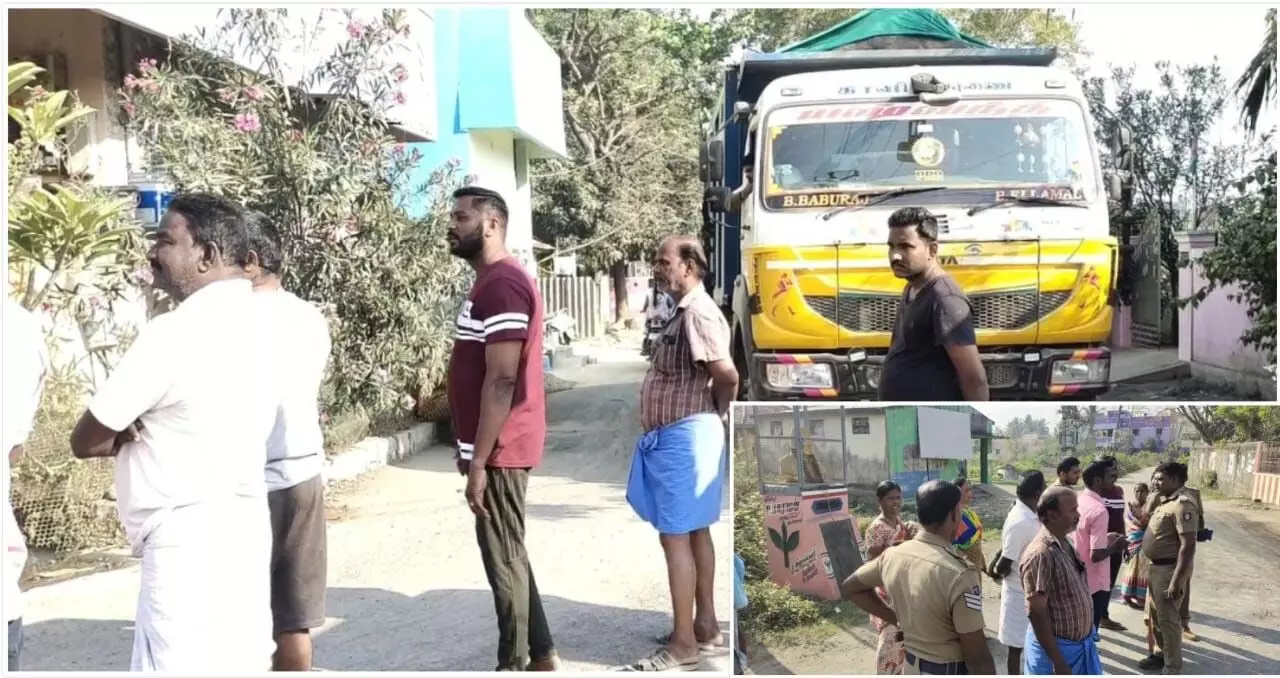 ஊருக்குள் வந்த கனரக லாரியை கிராம மக்கள் சிறை பிடித்து போராட்டம் ஊருக்குள் வந்த கனரக லாரியை கிராம மக்கள் சிறை பிடித்து போராட்டம்