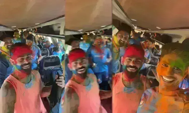 பஸ்சில் ஹோலி பண்டிகை கொண்டாடிய இந்திய கிரிக்கெட் அணி; வைரலாகும் வீடியோ பஸ்சில் ஹோலி பண்டிகை கொண்டாடிய இந்திய கிரிக்கெட் அணி; வைரலாகும் வீடியோ