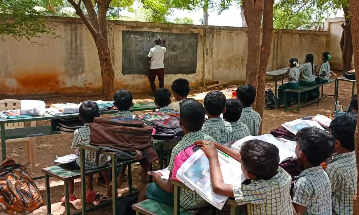 ராஜபாளையத்தில், மரத்தடியில் நடக்கும் வகுப்புகள்: ஆட்சியர் கண்டு கொள்வாரா? ராஜபாளையத்தில், மரத்தடியில் நடக்கும் வகுப்புகள்: ஆட்சியர் கண்டு கொள்வாரா?