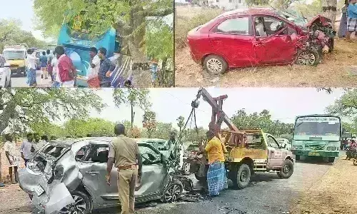 தாராபுரம் அருகே கார்கள் - வேன் மோதல்; தாய், மகன் உயிரிழப்பு தாராபுரம் அருகே கார்கள் - வேன் மோதல்; தாய், மகன் உயிரிழப்பு