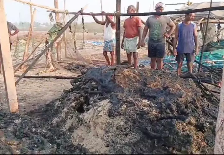 பழவேற்காட்டில் மீன்பிடி வலைகள் தீயில் எரிந்து சேதம் பழவேற்காட்டில் மீன்பிடி வலைகள் தீயில் எரிந்து சேதம்