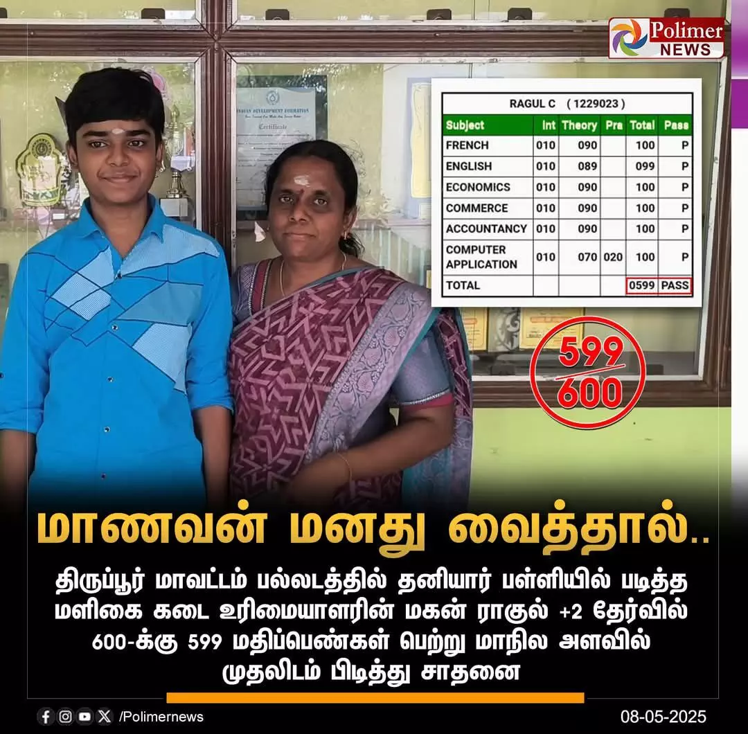 600க்கு 599 மதிப்பெண் எடுத்து மாநிலத்தில் முதலிடம் பிடித்த மளிகை கடை உரிமையாளரின் மகன் 600க்கு 599 மதிப்பெண் எடுத்து மாநிலத்தில் முதலிடம் பிடித்த மளிகை கடை உரிமையாளரின் மகன்
