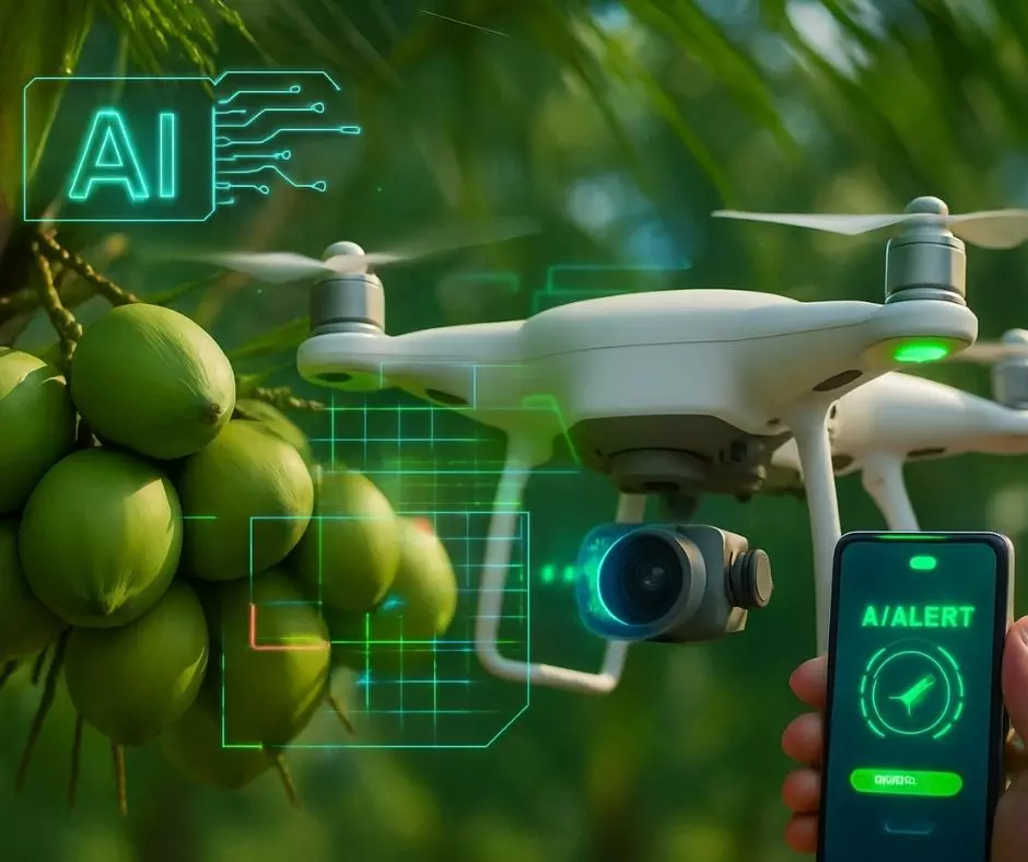 தென்னை தோப்பில் Drone பறக்குது – AI வேலை செய்யுது! விவசாயிகளுக்கு வரம்! தென்னை தோப்பில் Drone பறக்குது – AI வேலை செய்யுது! விவசாயிகளுக்கு வரம்!