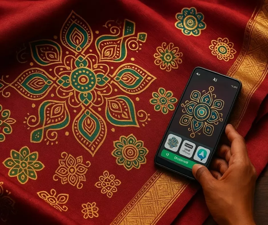 பட்டுப் புடவைக்கும், WhatsApp ஸ்டிக்கருக்கும் – AI கோலத்தின் புதுவடிவம் பட்டுப் புடவைக்கும், WhatsApp ஸ்டிக்கருக்கும் – AI கோலத்தின் புதுவடிவம்